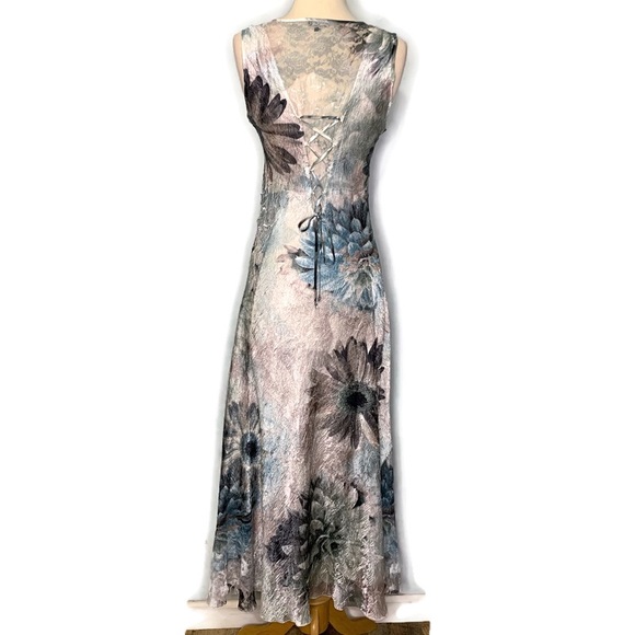 Komarov Charmeuse V-Neck Lace Up Back Crinkle Stretch Blue Floral Maxi Dress M - Picture 2 of 16